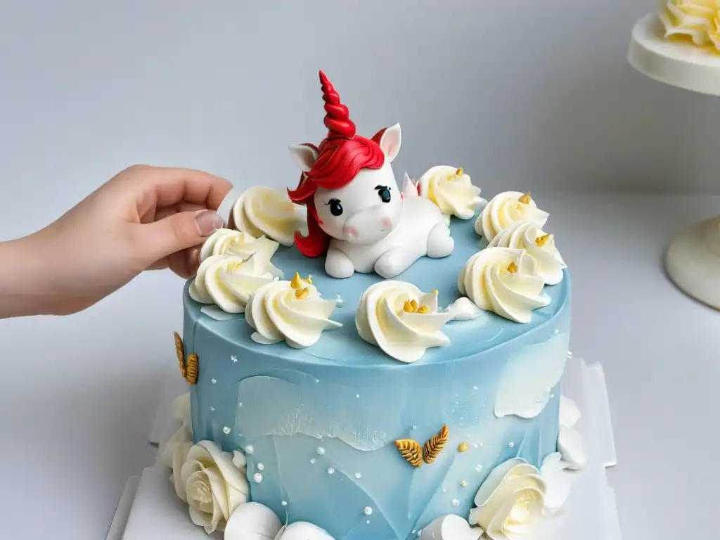 Escultura detallada: manos crean unicornio de fondant para decorar pasteles Manos hábiles modelando un unicornio comestible para decorar pasteles