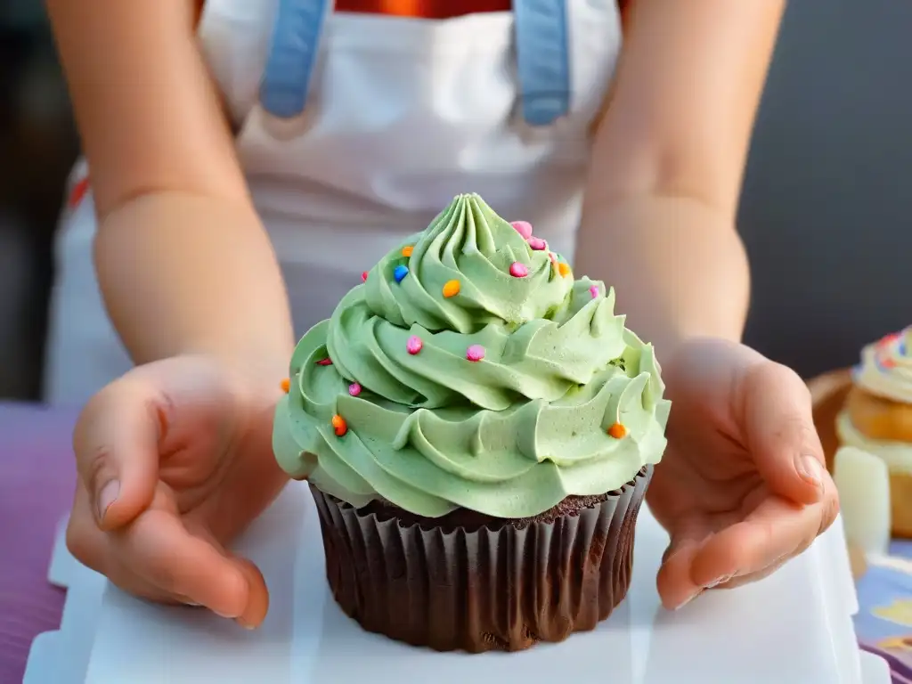 Manos infantiles decorando con cuidado un cupcake, demostrando precauciones en repostería para evitar accidentes