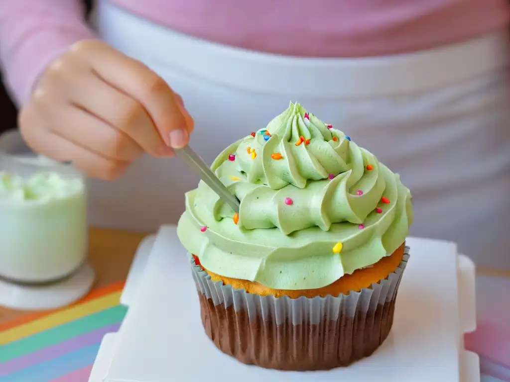 Manos infantiles decorando un cupcake con coloridos detalles en talleres de repostería para niños