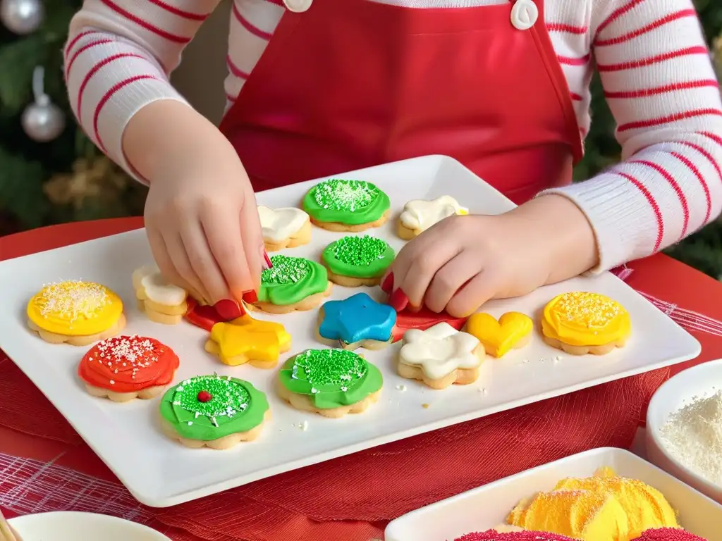 Manos infantiles decorando galletas con glaseado y brillantina