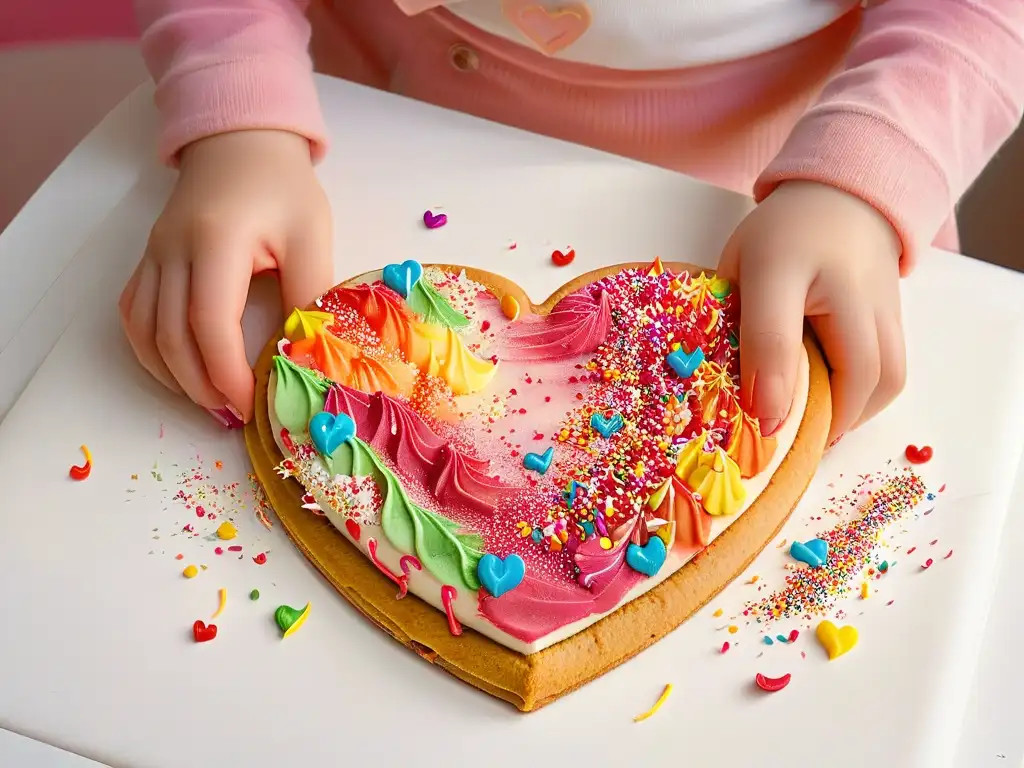 Manos de niño decorando con concentración una galleta en forma de corazón con glaseado colorido y brillantina comestible