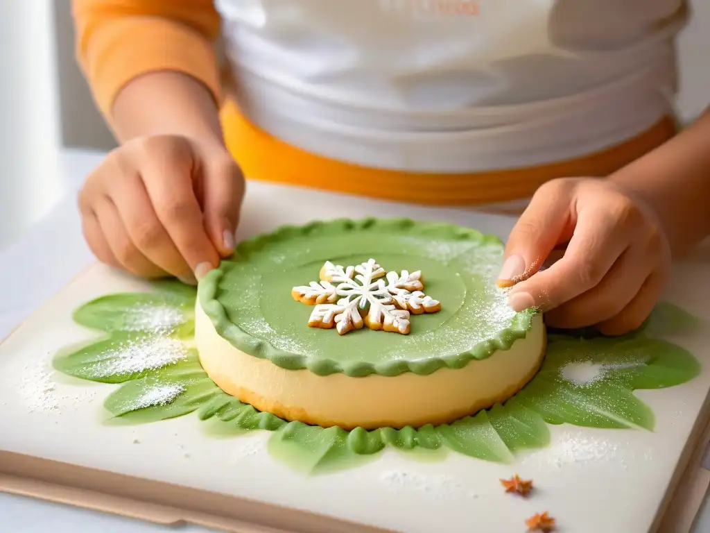 Manos de niño moldeando cortador de galletas copo de nieve en masa, con luz natural y harina