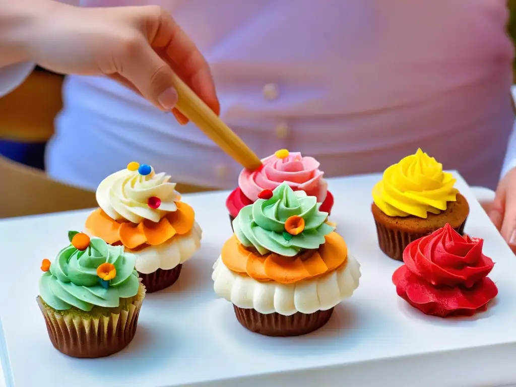 Manos de niño moldeando fondant en mini cupcakes en talleres de repostería para niños