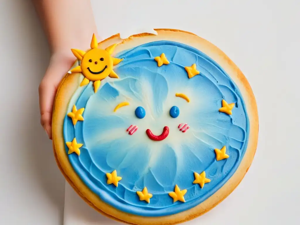 Manos de niño decorando una galleta con glaseado colorido en forma de sol, en un fondo blanco