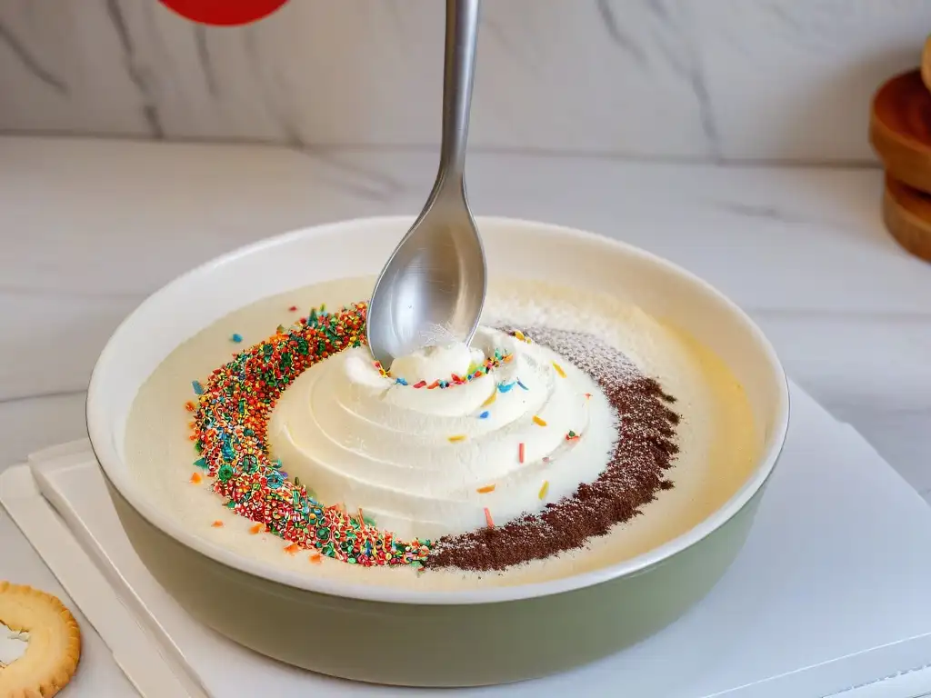 Manos de niño midiendo harina en un bol, con libros de repostería para niños y utensilios de cocina coloridos en una encimera de mármol