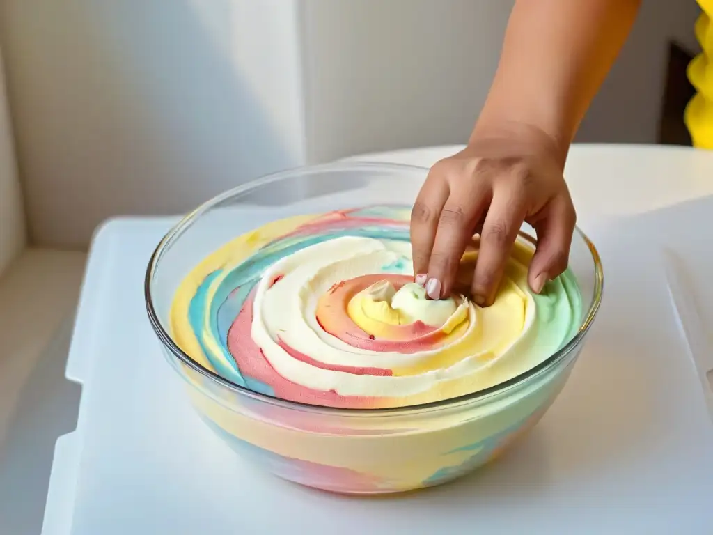 Manos de niño mezclando masa de pastel colorida en cuenco, mostrando alegría y creatividad