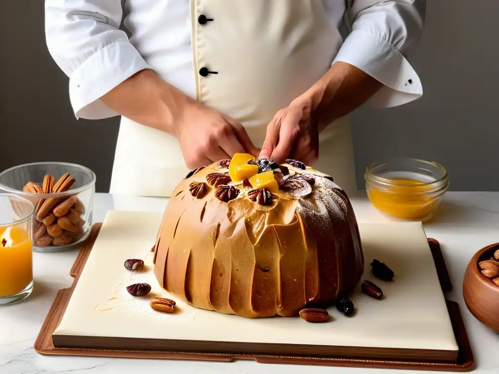 Arte del Panettone: Amasando masa dorada con maestría Manos de panadero experto amasando masa de Panettone dorado en encimera de mármol, con ingredientes alrededor