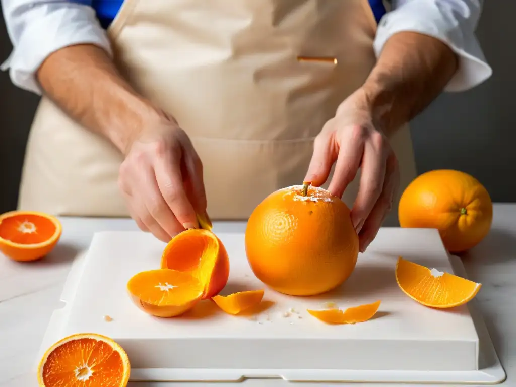 Manos de panadero pelando una naranja, detallando la economía circular en repostería sin desperdicios