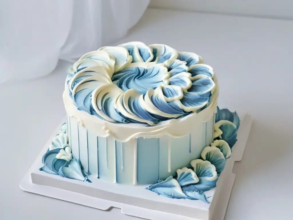 Decoración exquisita de pastel con manga pastelera Manos decorando pastel con glaseado en patrones intrincados, resaltando la repostería ética y el comercio justo