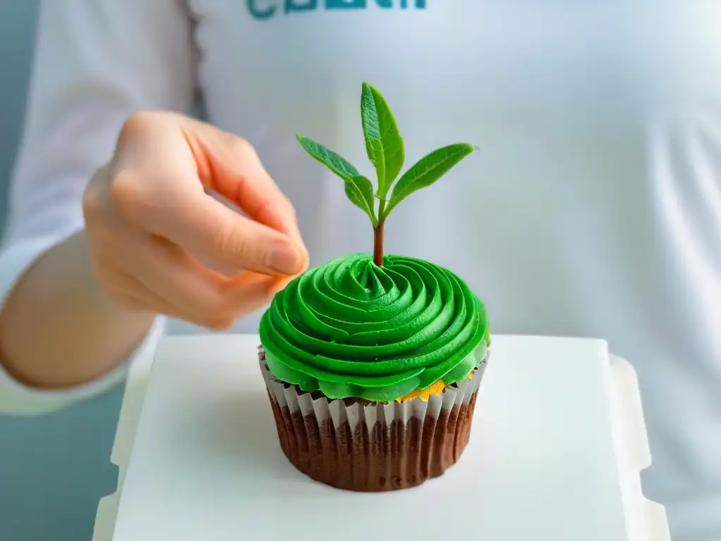 Colaboración sostenible: manos y planta en cupcake Dos manos sostienen una planta verde en un cupcake, simbolizando alianzas sostenibles para repostería