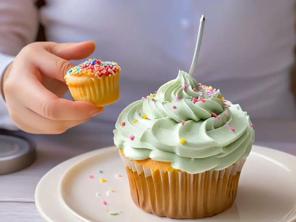 Pequeñas manos decorando un cupcake con sprinkles coloridos Mini manos seguras esparciendo coloridas decoraciones sobre un cupcake perfectamente glaseado