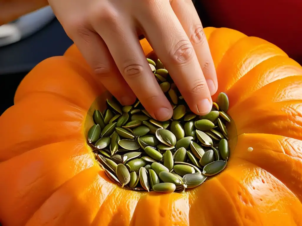 Manos seleccionando semillas de calabaza frescas para postres energéticos