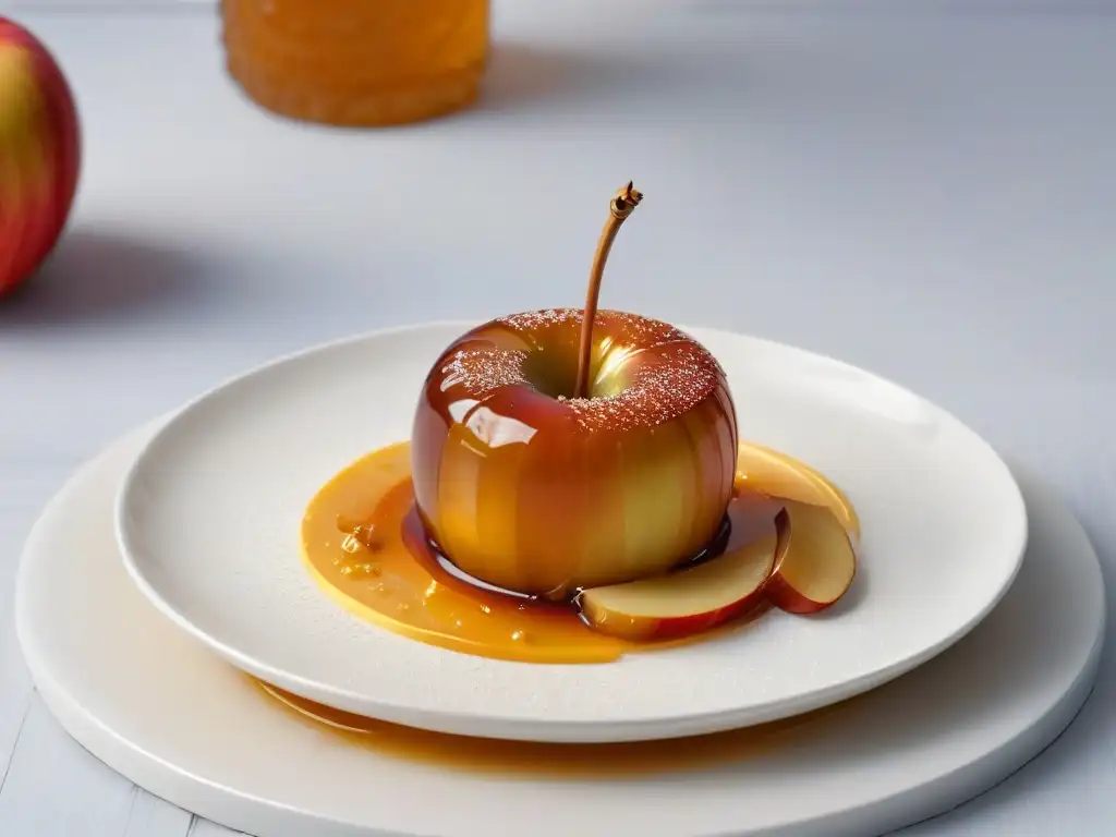 Manzana caramelizada con miel en plato blanco, detalle dorado y tentador