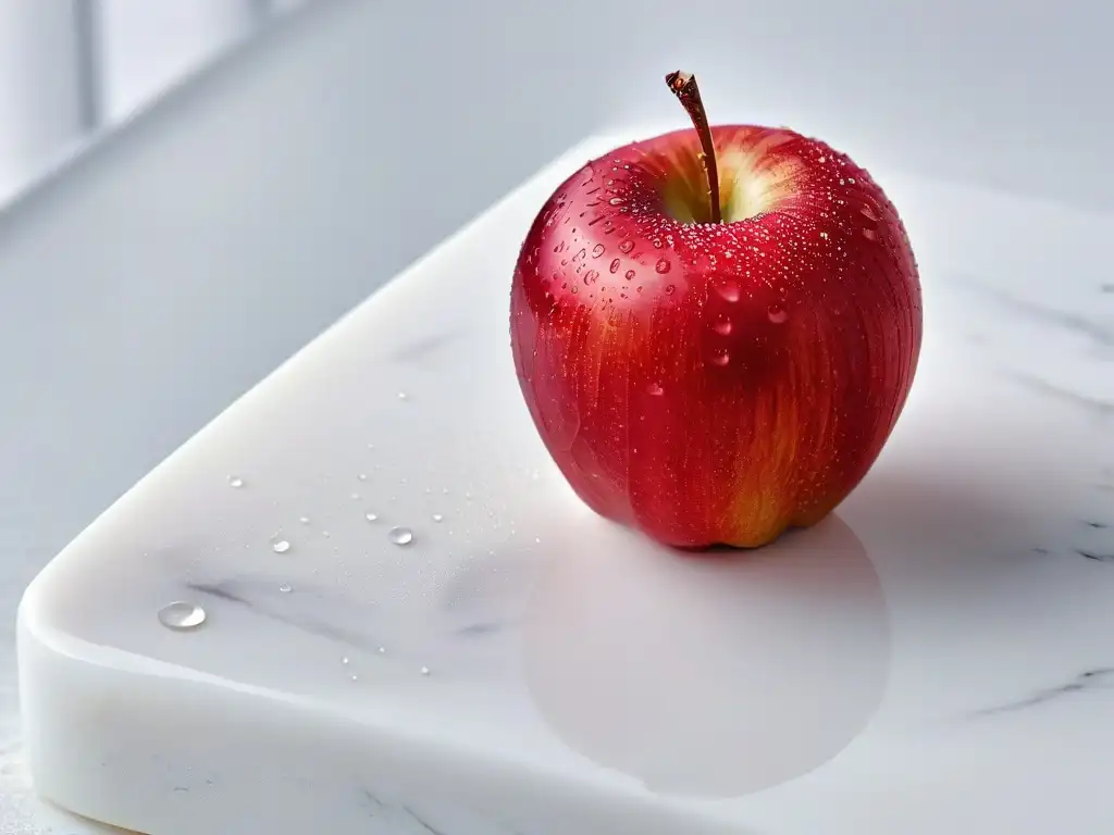 Una manzana roja madura y brillante, con gotas de agua, sobre una encimera de mármol blanco