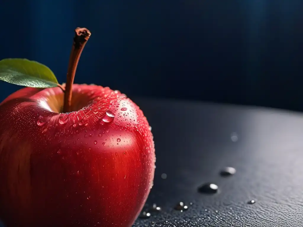 Una manzana roja madura y brillante con gotas de agua, resaltando su frescura natural