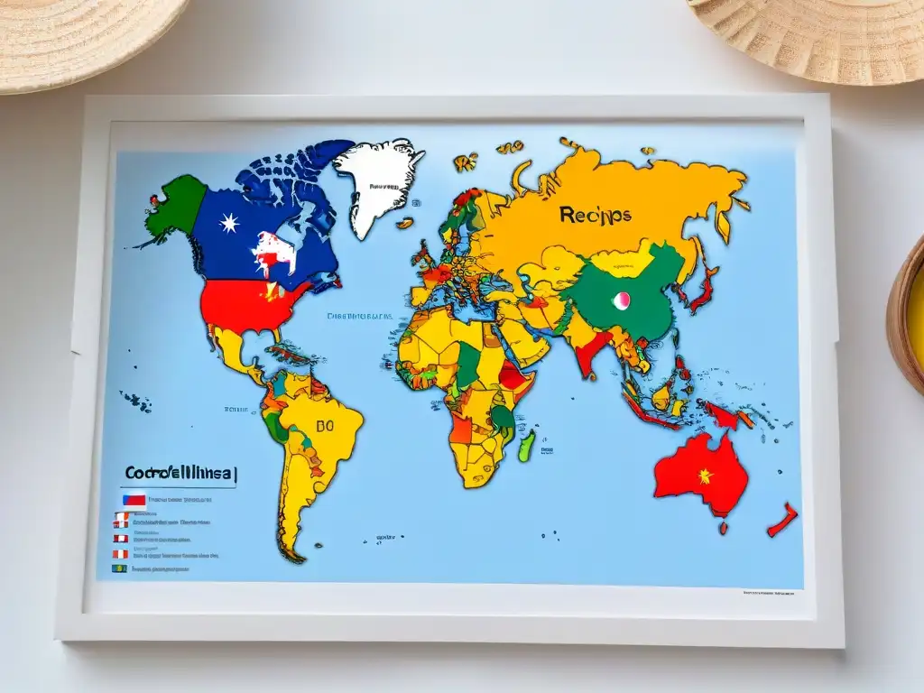 Mapa detallado con banderas de países marcando recetas de quesillo