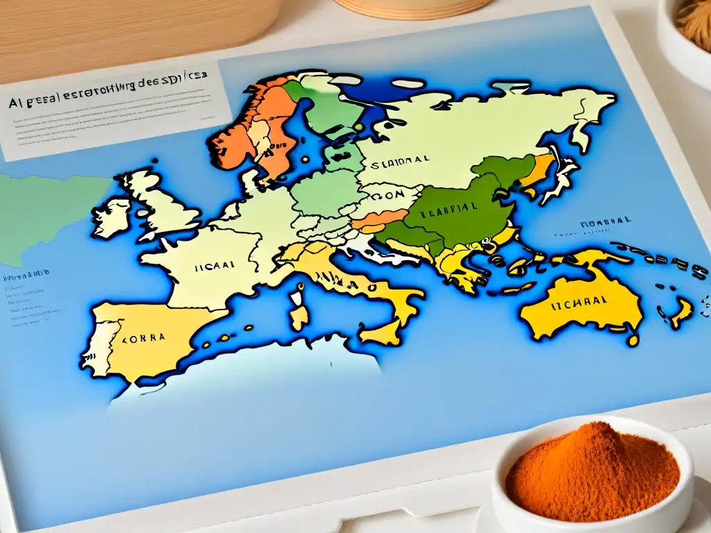 Mapa detallado de origen de especias para postres europeos, con iconos y líneas conectando países