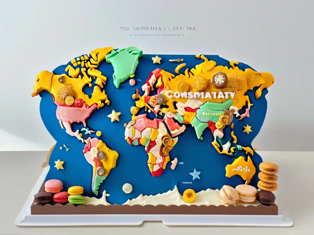 Mapa mundial de repostería uniendo culturas dulces con macarons, chocolates, caramelos y galletas en diversos colores sobre fondo blanco