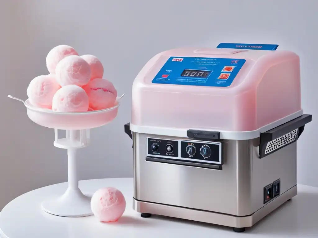 Magia rosa: Máquina de algodón de azúcar casero Máquina de algodón de azúcar casera en cocina blanca, iluminada con suave luz, creando dulce nube rosa