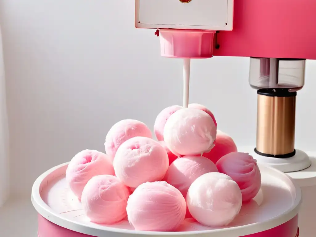 Máquina casera de algodón de azúcar: dulce nostalgia en acción Máquina casera de algodón de azúcar en acción, hilos rosados vibrantes girando, mecánica detallada en fondo blanco, nostalgia y alegría