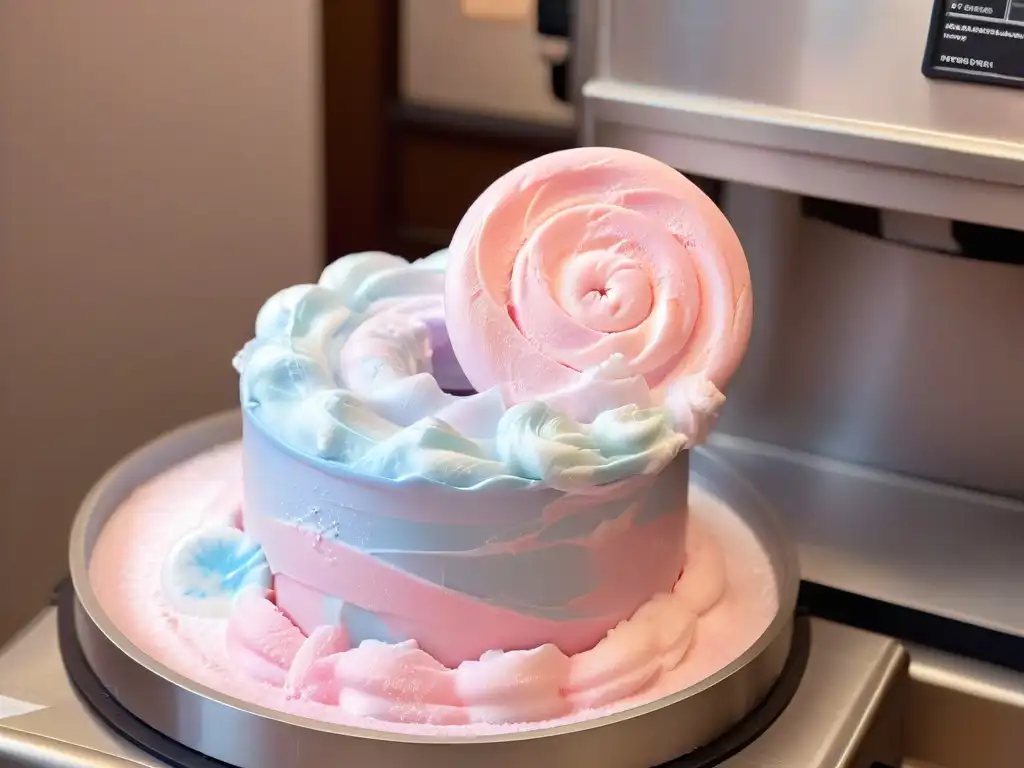Delicada espiral de algodón de azúcar rosa pastel hilada con máquina casera Máquina casera de algodón de azúcar creando un remolino rosa pastel esponjoso con detalle ultradetallado