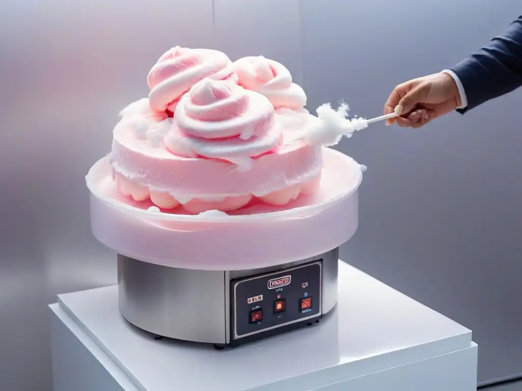 Máquina de algodón de azúcar rosa vibrante en acción Máquina casera de algodón de azúcar rosado vibrante en acción, hilos de azúcar en patrones intrincados, sobre fondo blanco limpio