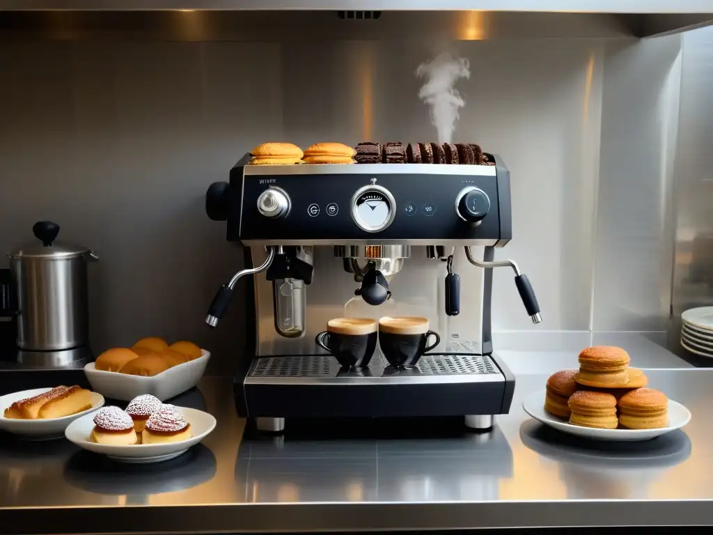 Máquina café espresso en cocina lujosa con postres gourmet y tazas de café delicadas