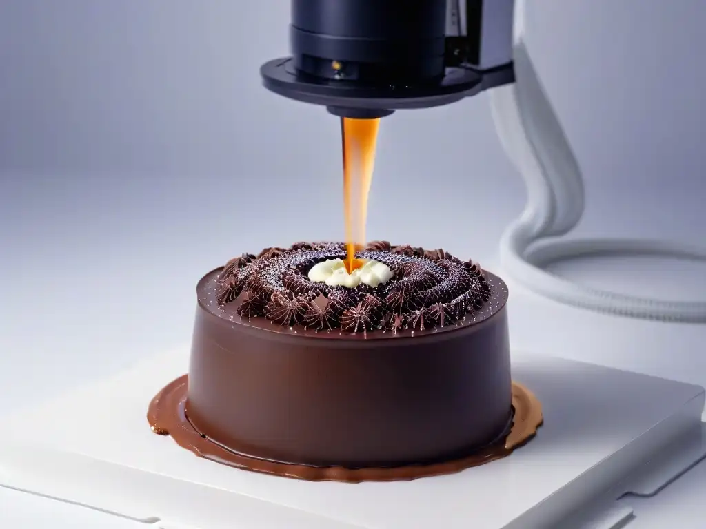 Esculturas de chocolate en 3D: impresión artística y precisa Maquina elegante de impresión de chocolate 3D creando esculturas detalladas con precisión y arte, demostrando técnicas impresión chocolate 3D