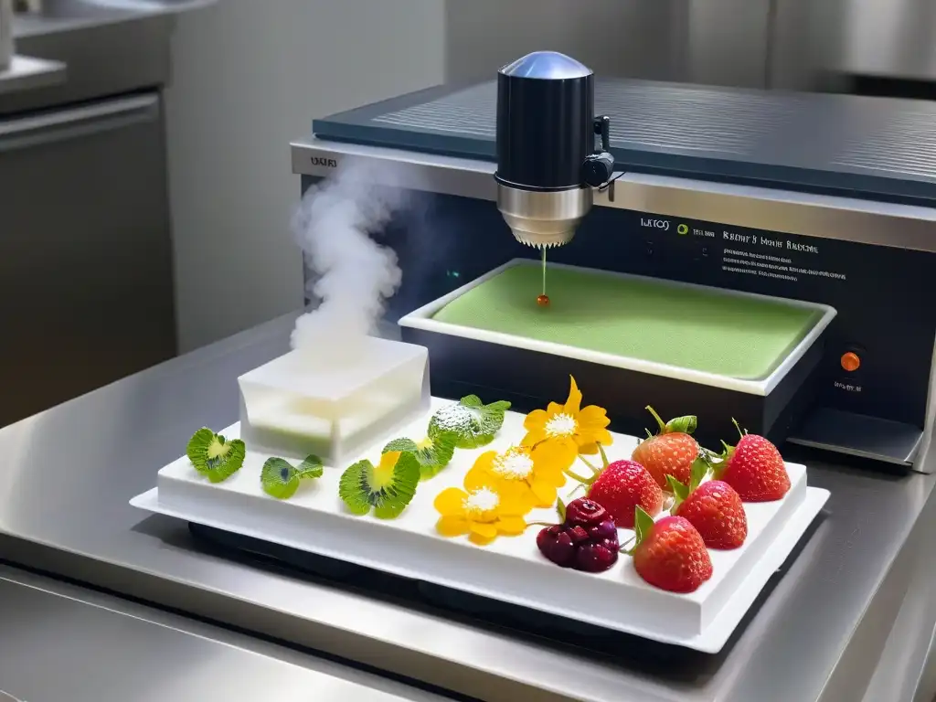 Una máquina de liofilización en un entorno de cocina profesional, transformando postres con técnicas innovadoras