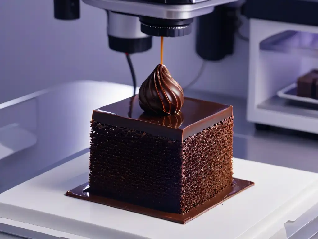 Maquina futurista de imprimir chocolates artísticos en 3D creando esculturas de chocolate detalladas y delicadas bajo una luz suave