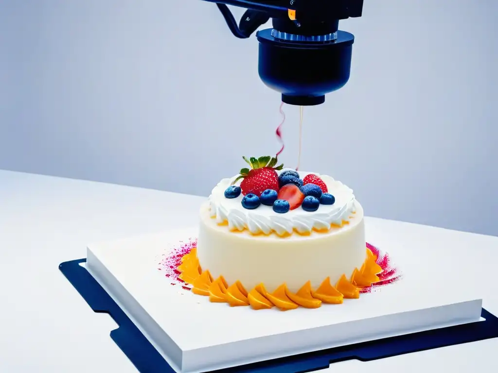 Máquina de impresión 3D de postres de alta tecnología creando diseños intricados con materiales comestibles coloridos