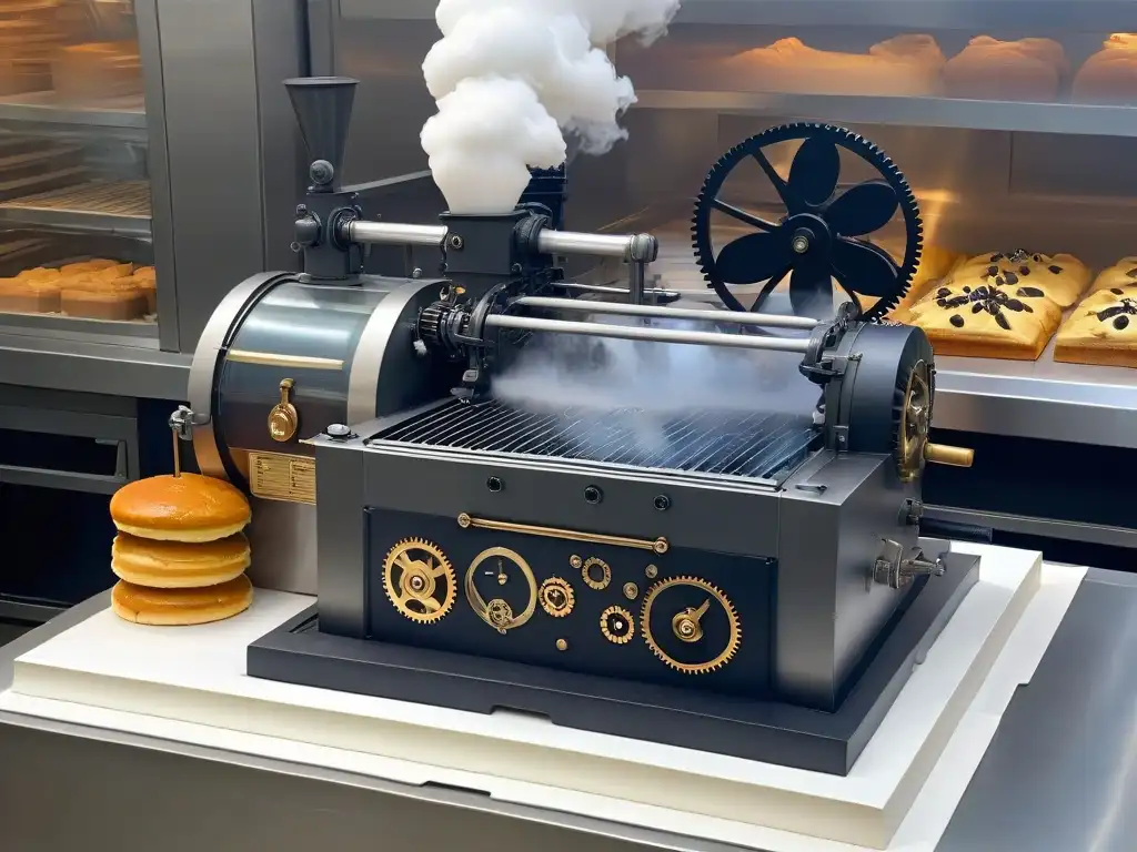 Maquinaria steampunk en panadería fusiona técnicas tradicionales con tecnología revolucionaria, impactando repostería