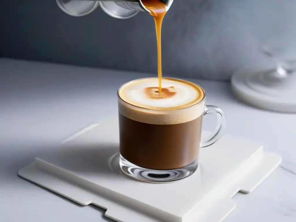 Máquinas café espresso postres gourmet: Detalle de un espresso perfectamente elaborado en vaso transparente sobre encimera de mármol