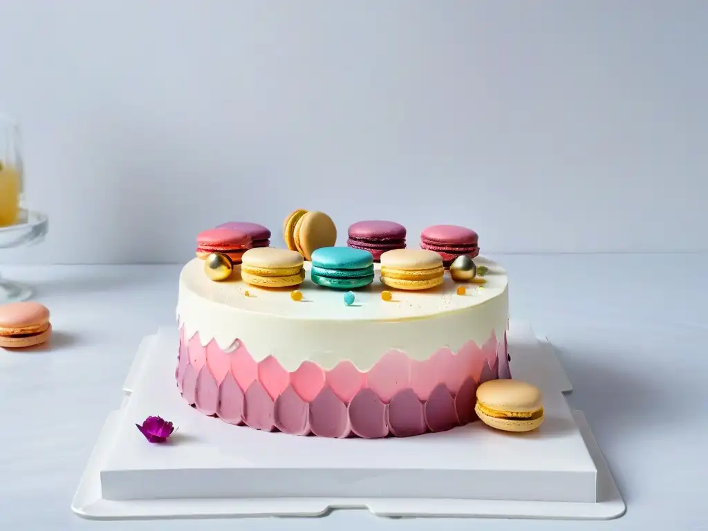 Maravilloso stand de pasteles con macarons coloridos y únicos, perfecto para maridajes innovadores repostería sabores inusuales