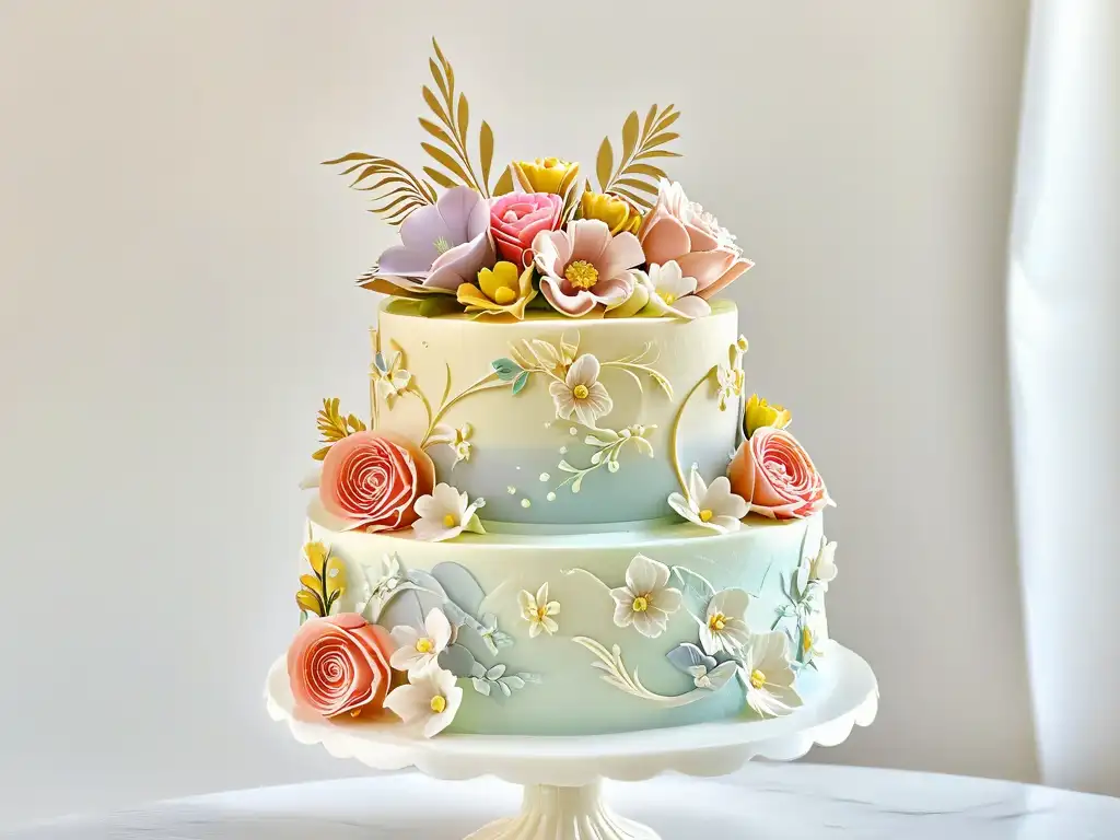 Marca pastelería inolvidable: detallada y elegante tarta de bodas con flores de fondant, encajes y detalles dorados