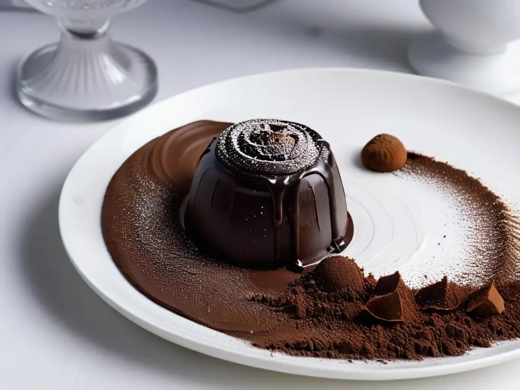 Marcas de chocolate para repostería: Detalle de trufa de chocolate negro fundiéndose en plato blanco con cacao en polvo espolvoreado