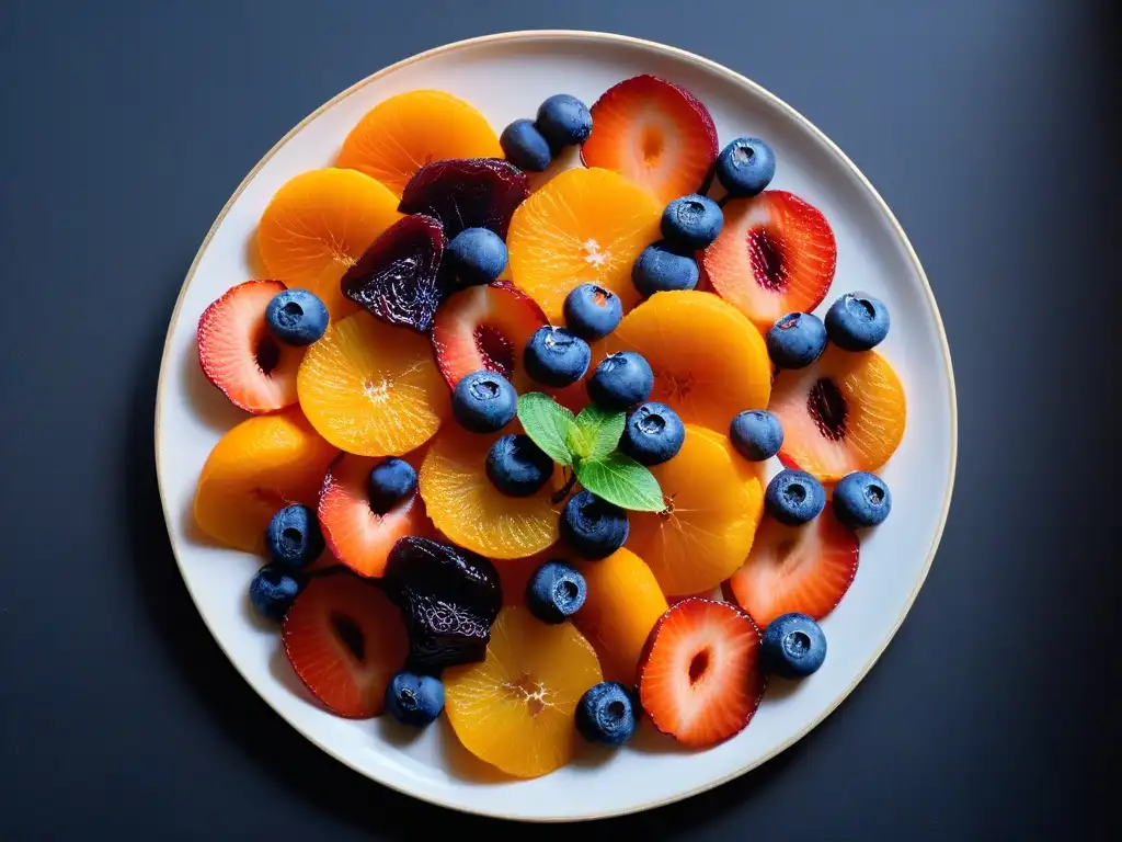 Marcas de frutas confitadas calidad: Exquisita presentación de frutas secas premium en plato blanco minimalista