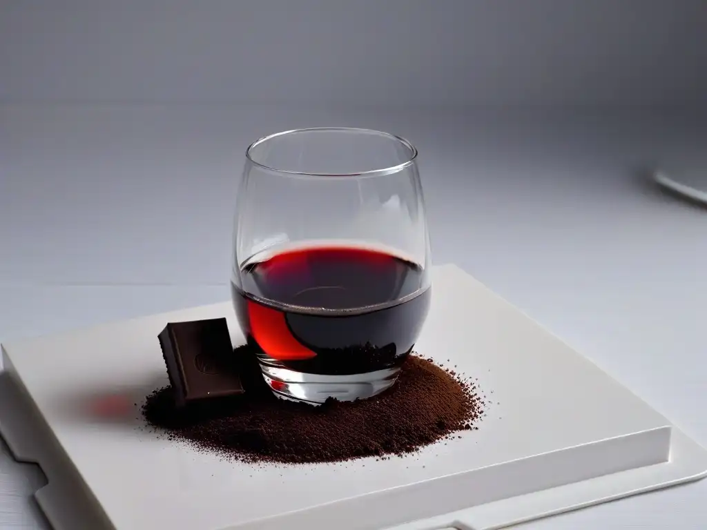 Maridaje celestial: copa de vino tinto y chocolate oscuro en plato blanco, elegancia y sofisticación