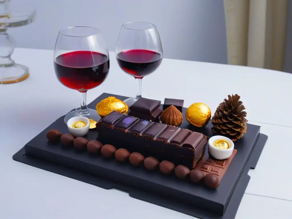 Maridaje celestial: copa de vino tinto y chocolates en elegante plato
