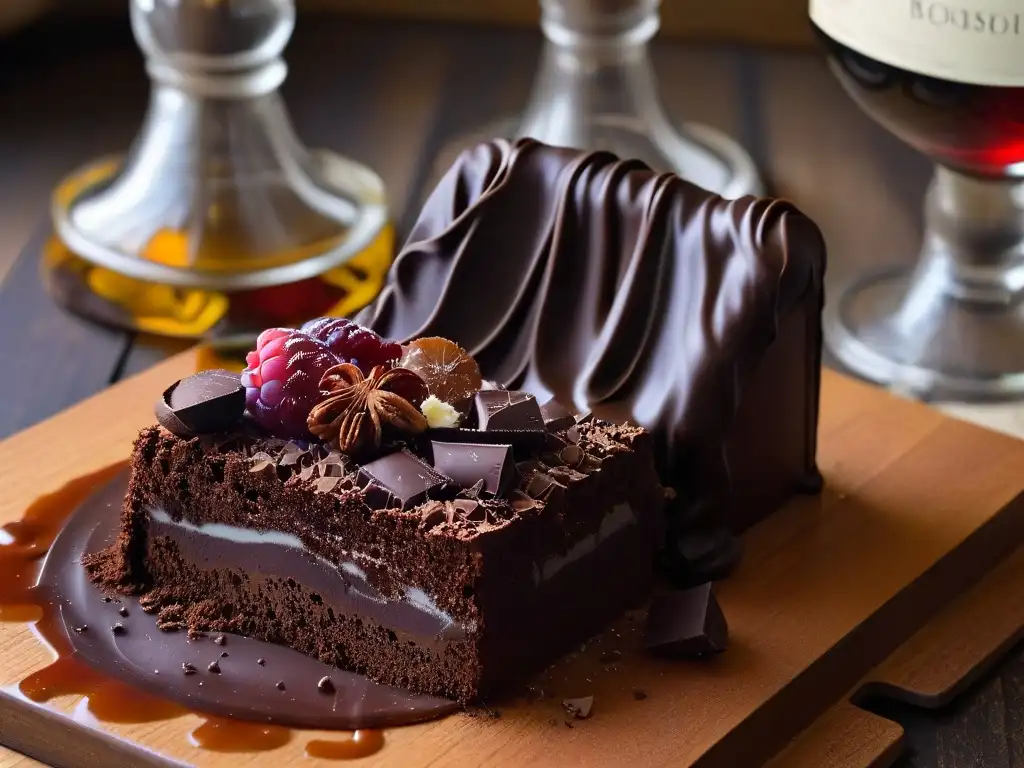 Maridaje de chocolates y vinos: combinaciones celestiales con chocolate fundiéndose y copas de vino