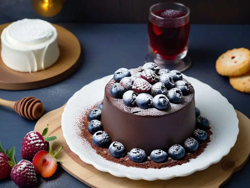 Un maridaje elegante: copa de vino tinto y pastel de chocolate sin gluten, decorado con frutas y azúcar glass