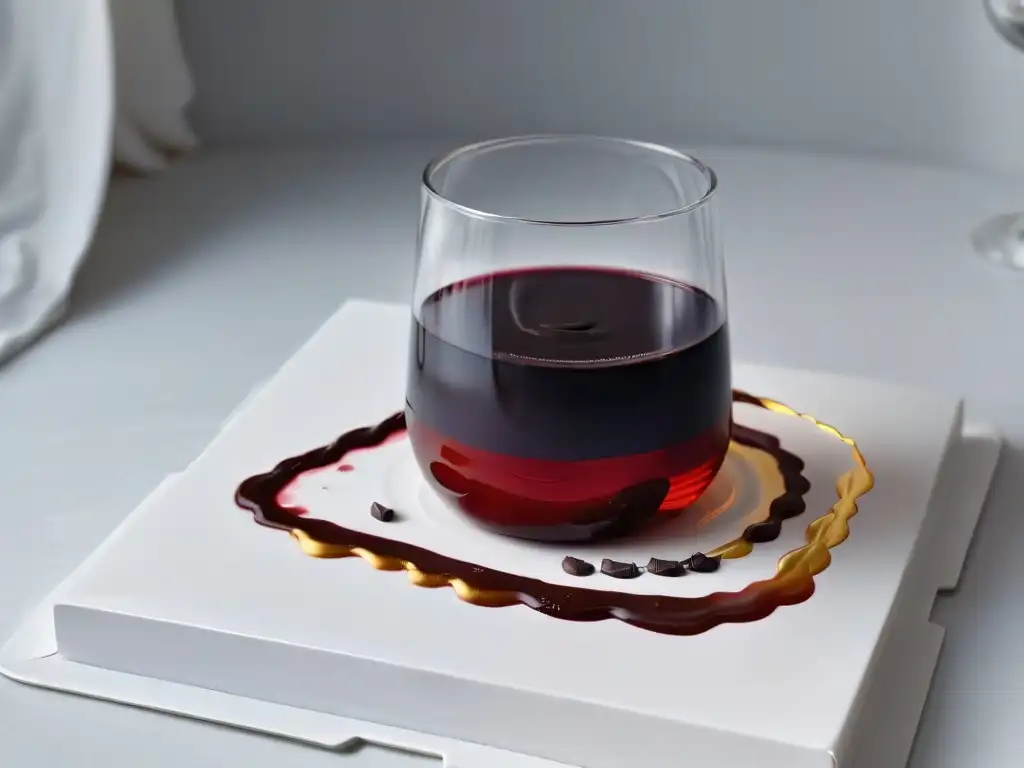Maridaje de vinos y chocolates: copa de vino tinto con chocolate oscuro exquisito en plato blanco, combinaciones celestiales