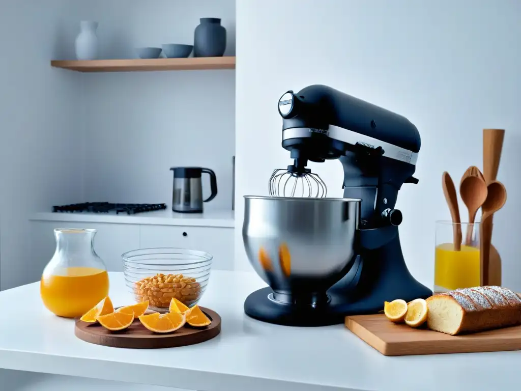 Mejor mezcladora repostería casera: Imagen elegante de una cocina minimalista con un mezclador negro mate de alta gama y diseño moderno