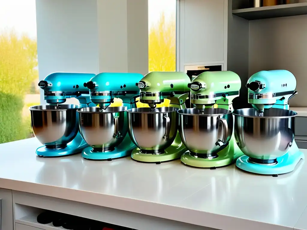 Batidoras de colores pastel en acción: mezcla de lujo Las mejores batidoras de pie repostería en una cocina moderna con mezcladoras de colores pastel brillantes y elegantes en movimiento