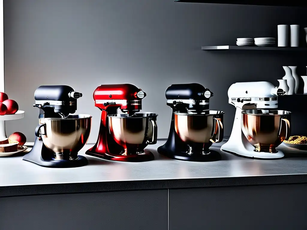 Exclusiva colección de batidoras de alta gama en elegantes colores Las mejores batidoras de pie repostería en elegantes colores: negro, blanco, acero, rojo y oro rosa, alineadas en una moderna cocina
