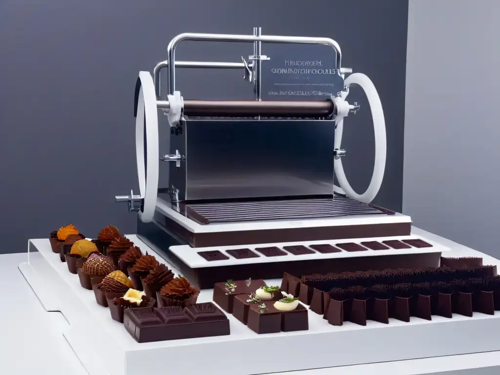 Mejores herramientas trabajar chocolate: Máquina moderna para templar chocolate y moldes meticulosamente elaborados en blanco