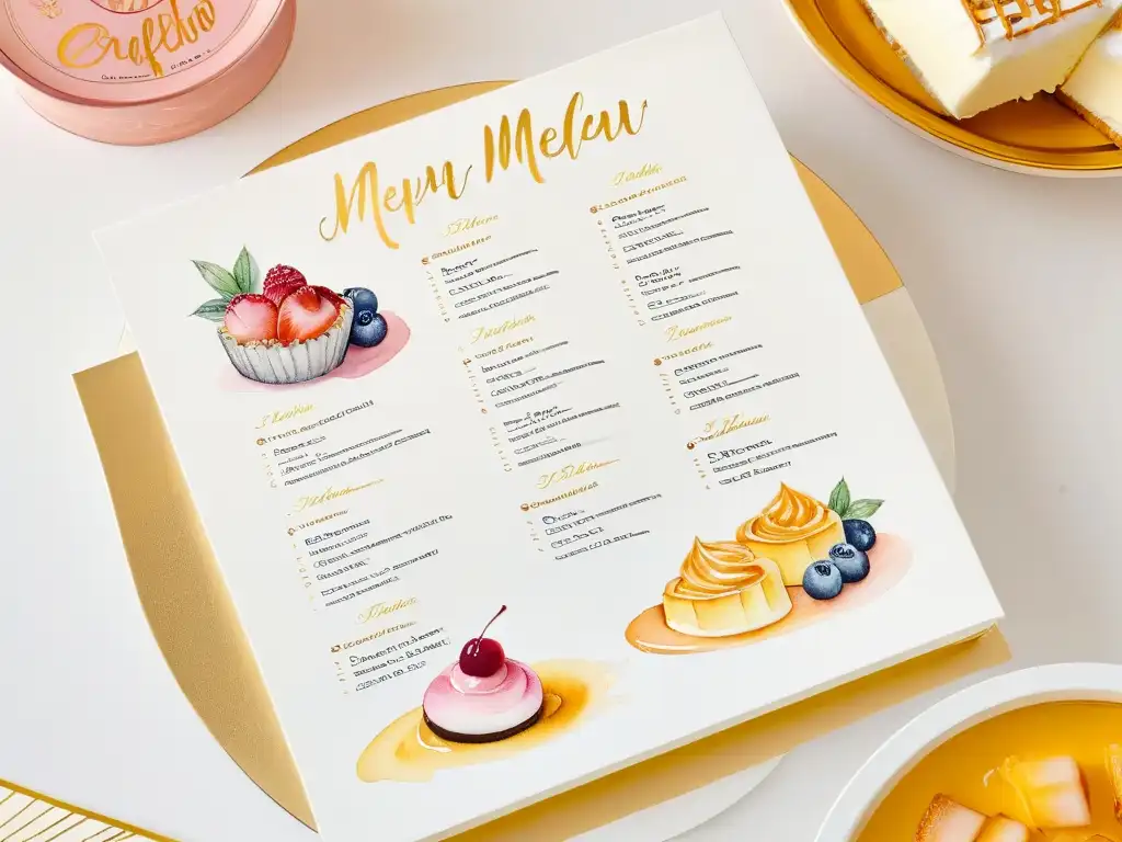 Un menú de postres exquisitamente decorado con ilustraciones de acuarela y caligrafía elegante en tonos pastel y detalles dorados