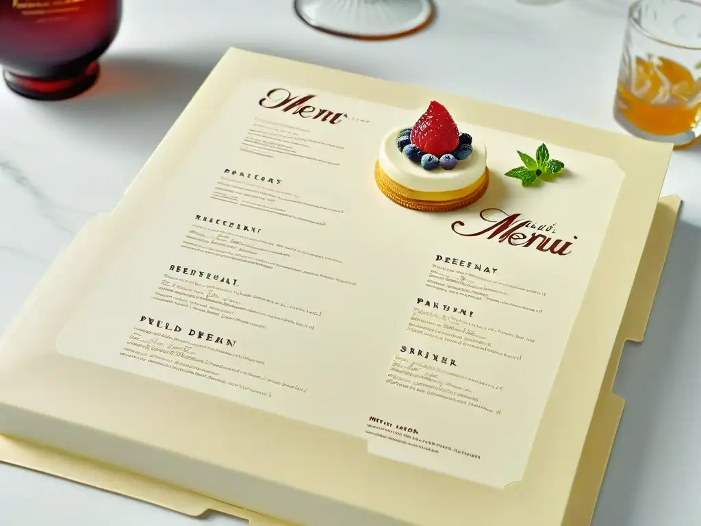 Un menú de postres elegante con ilustraciones detalladas y tipografía sofisticada en tonos suaves