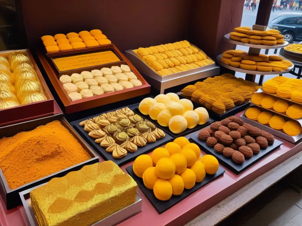 Un mercado bullicioso en Marrakech con galletas festivales del mundo en bandejas coloridas y ornamentadas