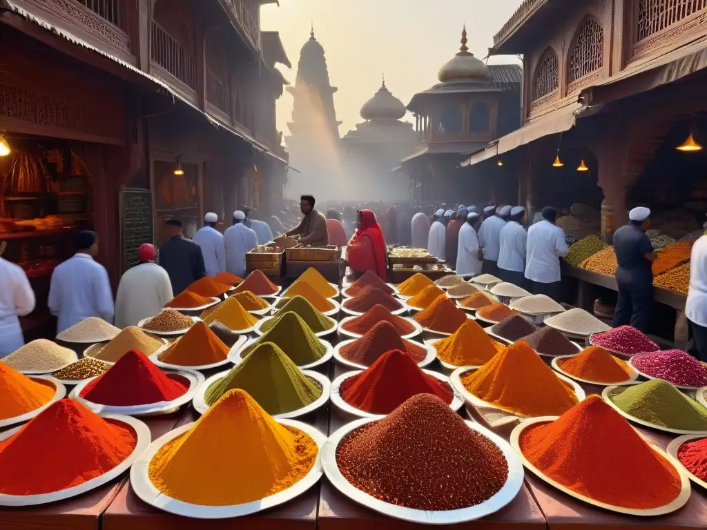 Un mercado de especias exóticas en la antigua arquitectura, con mercaderes coloridos y contenedores de latón, bajo la cálida luz del atardecer